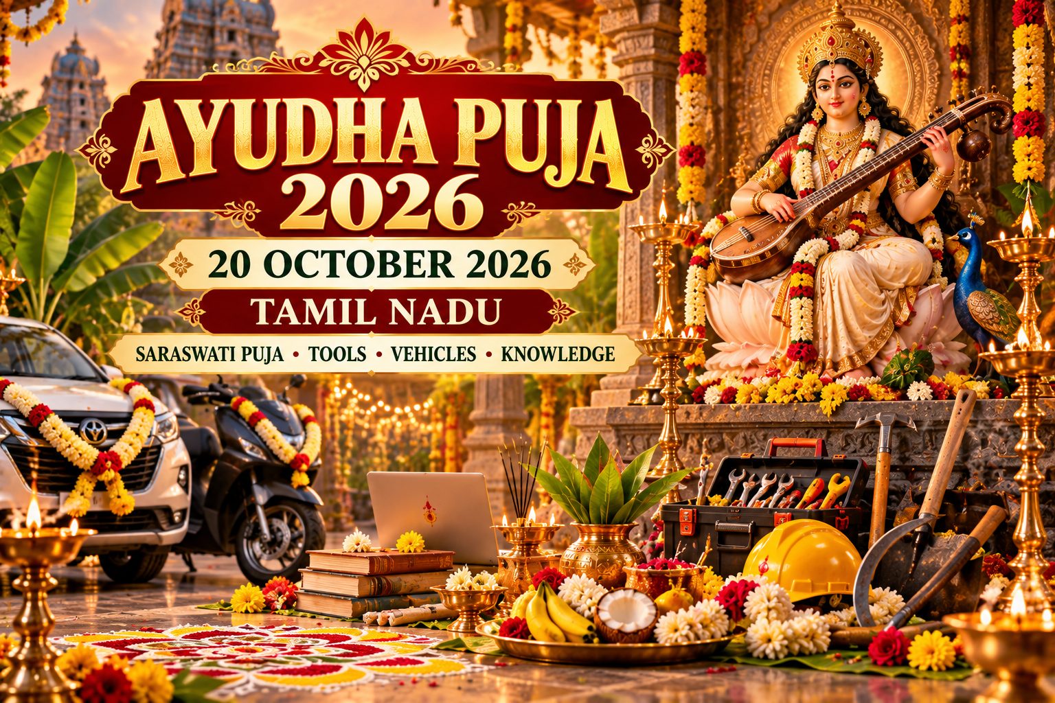 Ayudha Puja 2026 Tamil Nadu 20 October Saraswati Puja tools vehicles knowledge