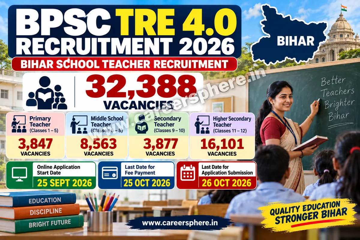 BPSC TRE 4.0 Recruitment 2026 – 32,388 Bihar school teacher vacancies, applications 25 September to 26 October 2026