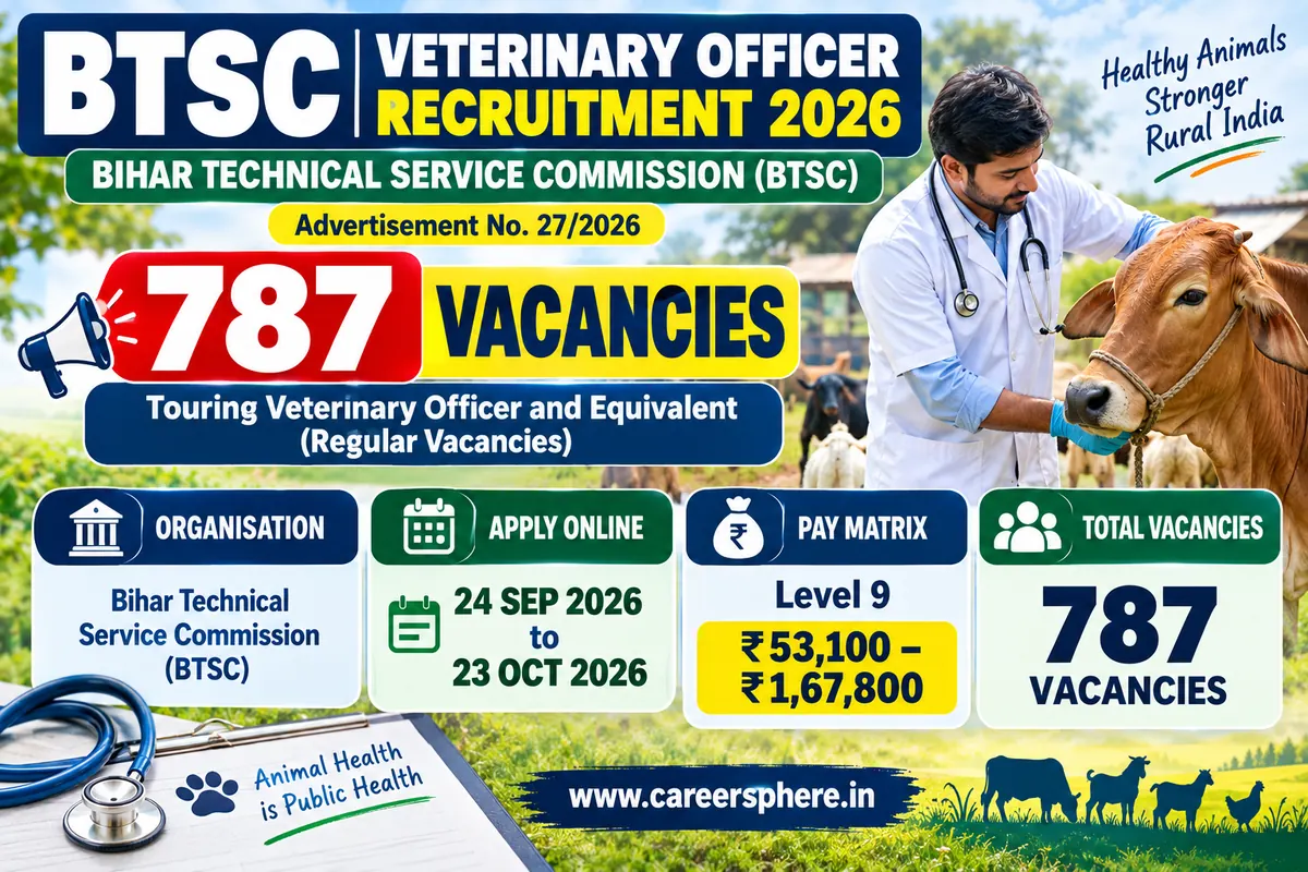 BTSC Veterinary Officer Recruitment 2026 – 787 Touring Veterinary Officer vacancies, apply online by 23 October 2026