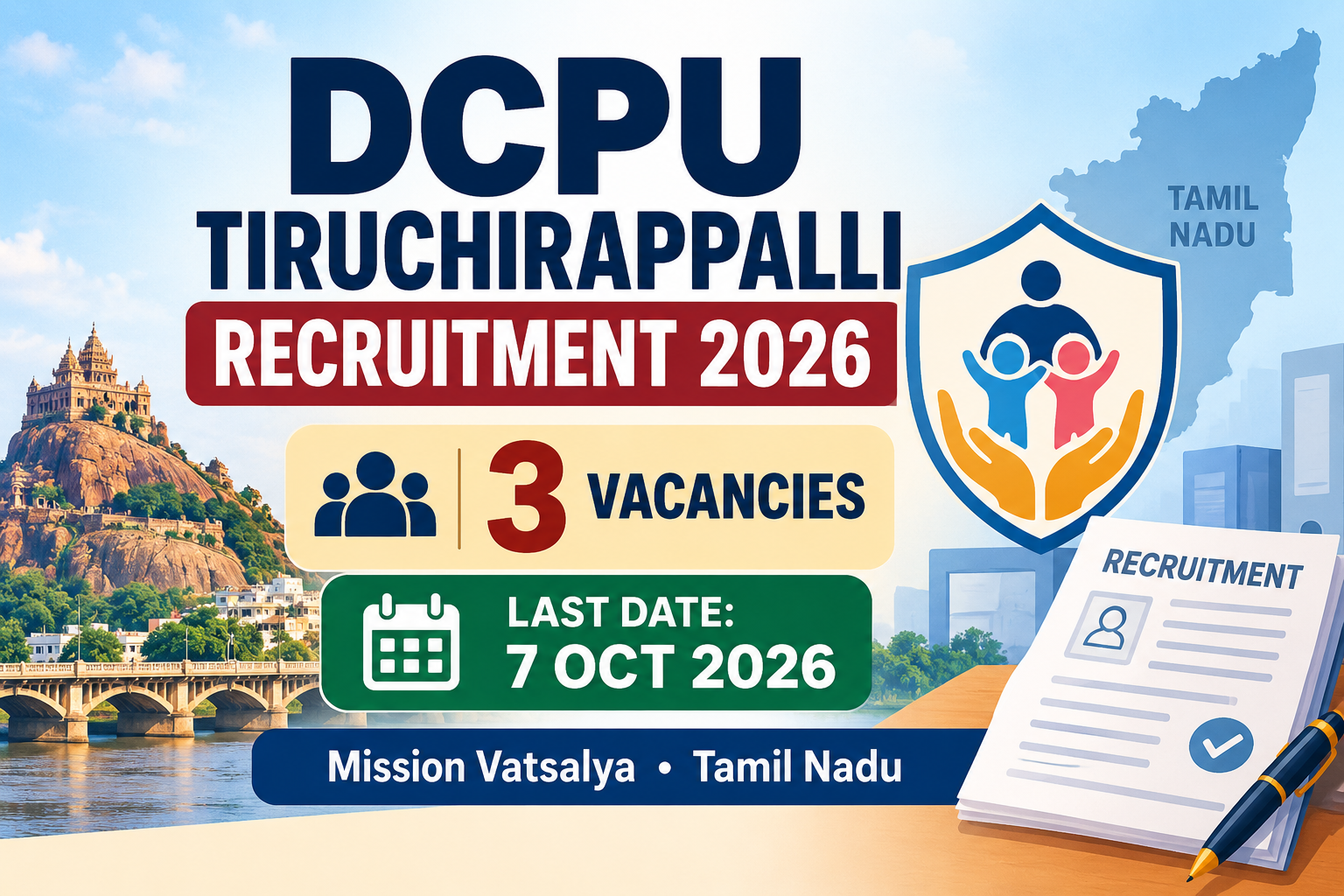 DCPU Tiruchirappalli Recruitment 2026 – 3 vacancies, last date 7 October 2026