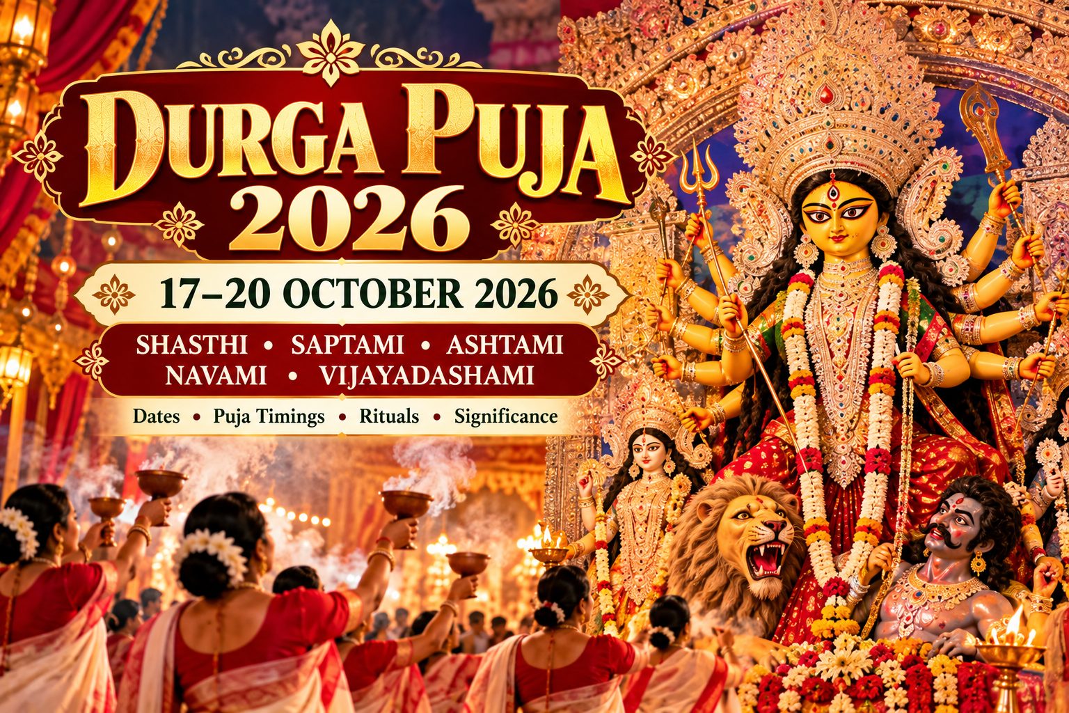 Durga Puja 2026 17 to 20 October Shashthi Saptami Ashtami Navami Vijayadashami