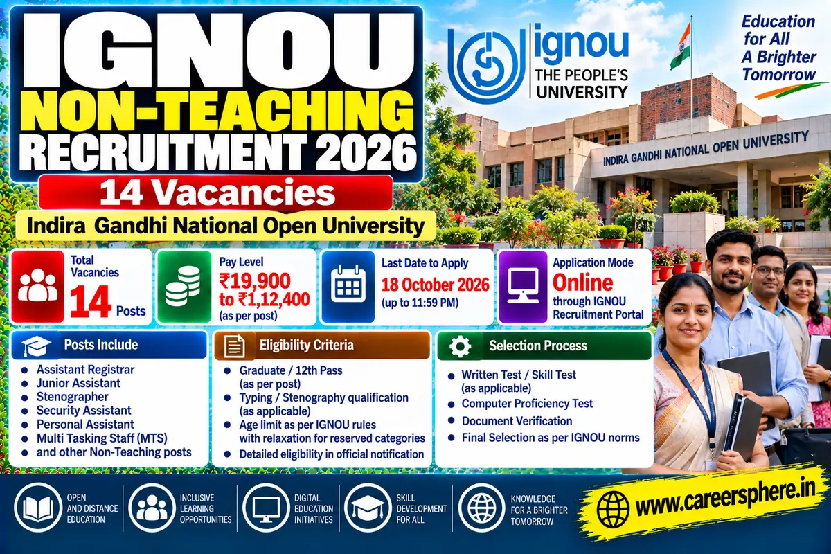 IGNOU Non-Teaching Recruitment 2026 for 14 Assistant Director, Technical Manager and Technical Assistant vacancies