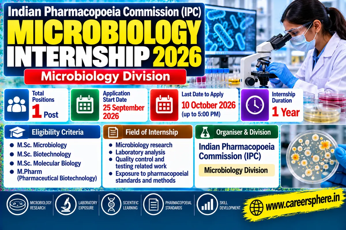 Indian Pharmacopoeia Commission IPC Microbiology Internship 2026 for MSc and MPharm candidates, one-year R&D internship, apply by 10 October 2026