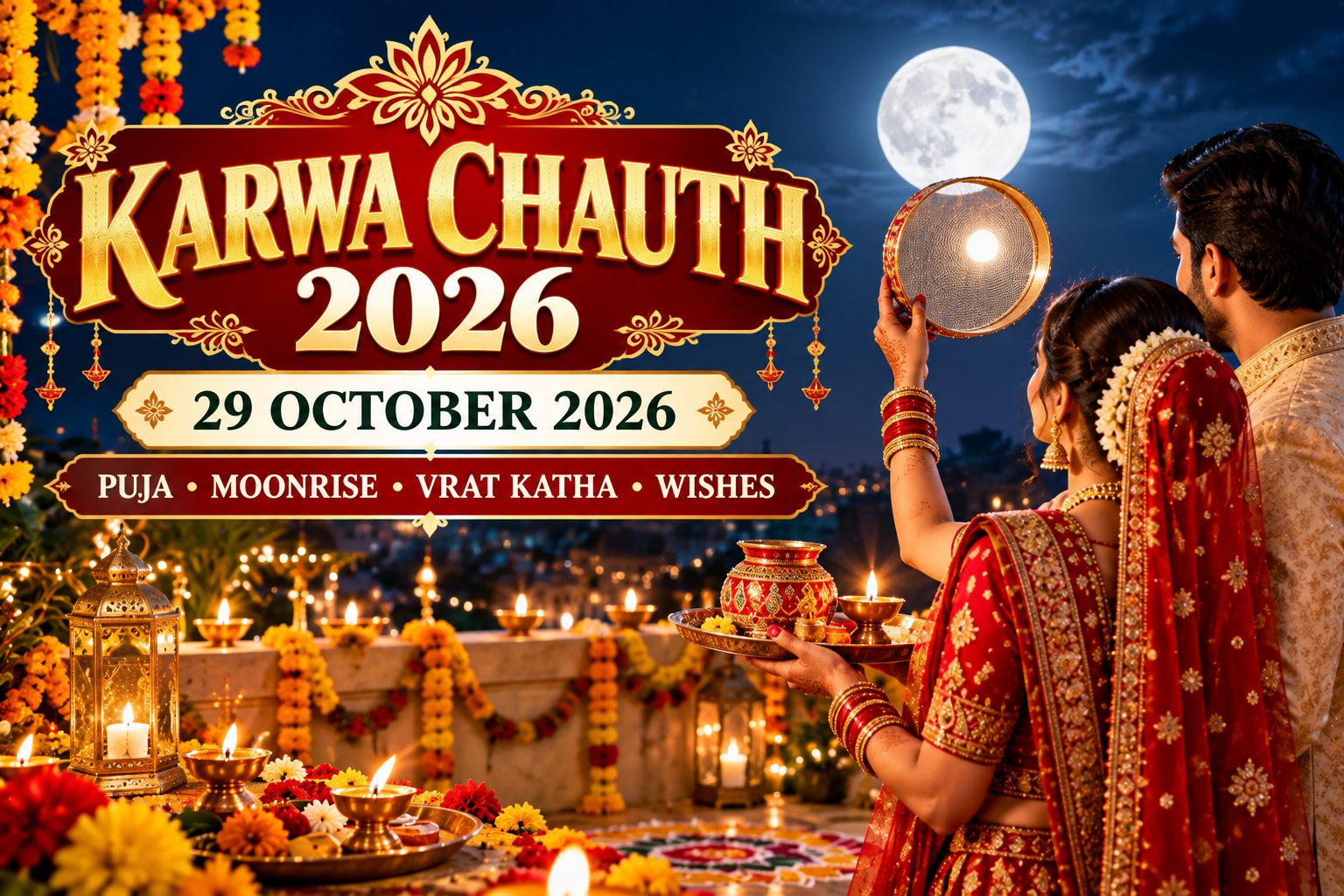 Karwa Chauth 2026 29 October puja moonrise Vrat Katha wishes messages