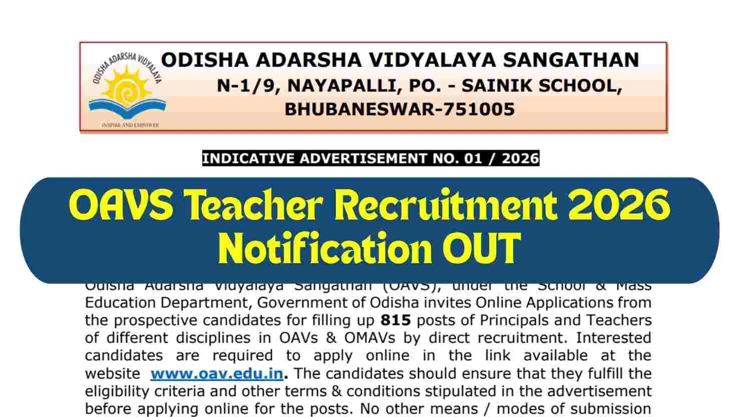OAVS Teacher Recruitment 2026 notification