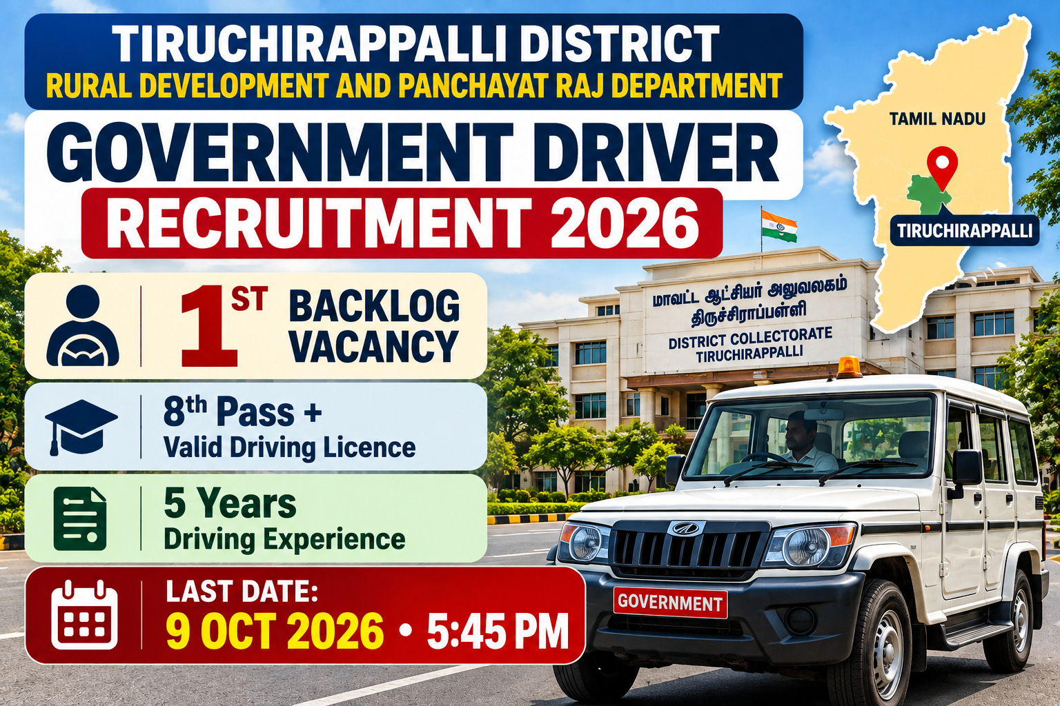 Tiruchirappalli Government Driver Recruitment 2026 – 1 Scheduled Tribe backlog vacancy, last date 9 October 2026