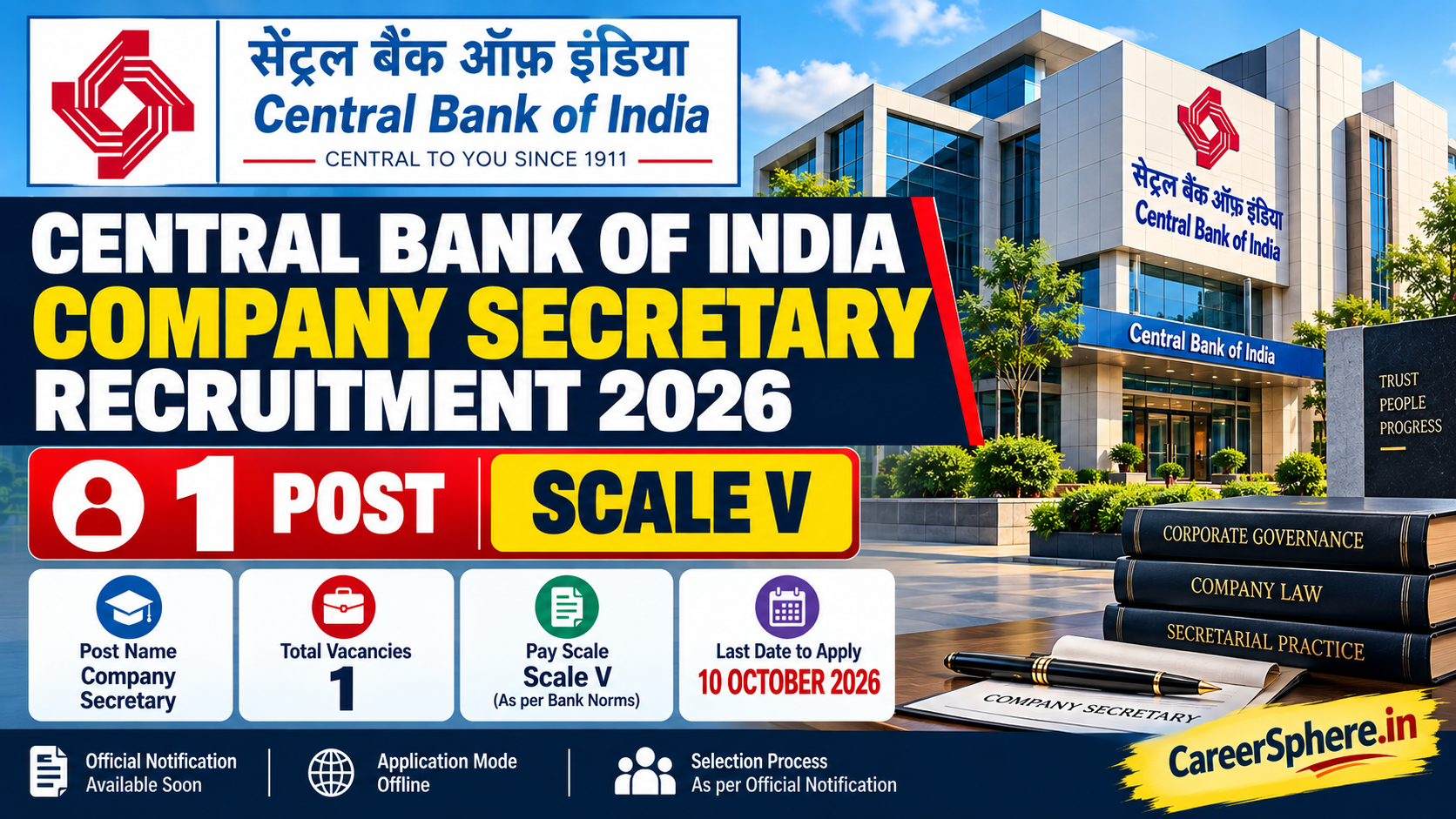 Central Bank of India Company Secretary Recruitment 2026 custom feature graphic for 1 post