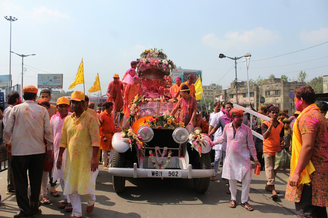 Devotees taking part in a Guru Nanak Jayanti procession